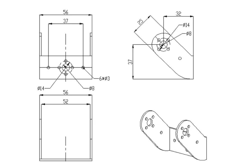 Oblique U Shape Aluminium Servo Bracket – Multi-Axis Servo Joint Mount mounting reference
