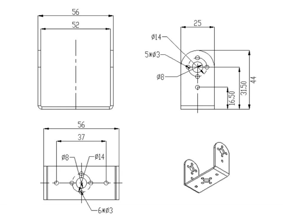 Short U Shape Aluminium Servo Bracket mounting hole reference