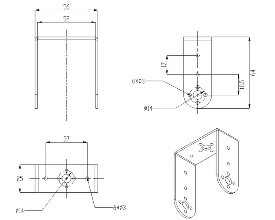 Long U Aluminium Servo Bracket – Multi-Axis Servo Joint Mount mounting reference